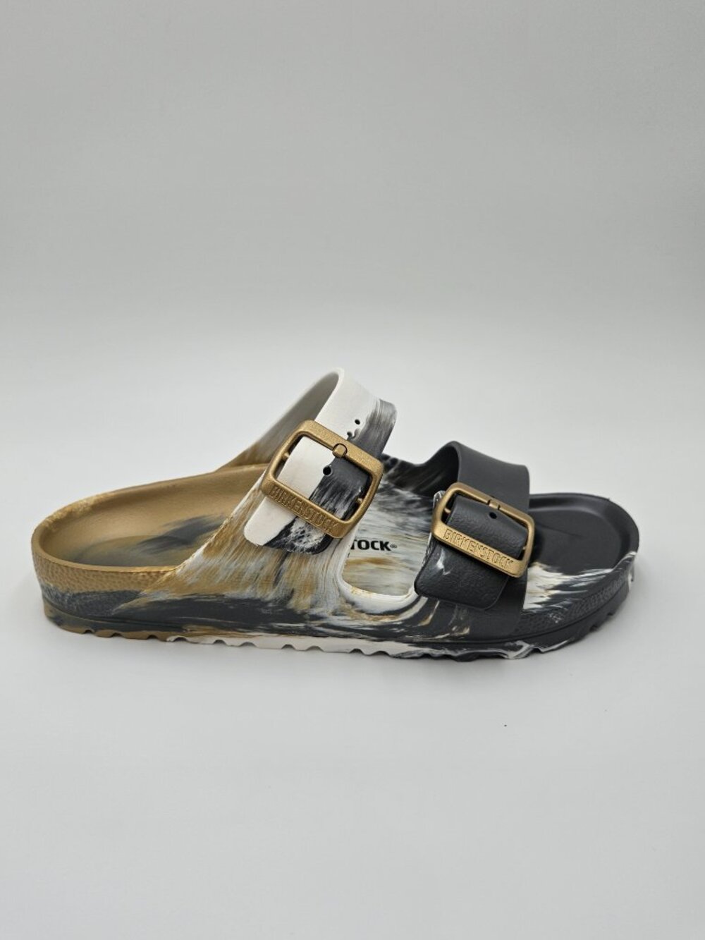 Too small, reposhing. Birkenstock Two-Tone Marbled Sandals with Gold Buckles